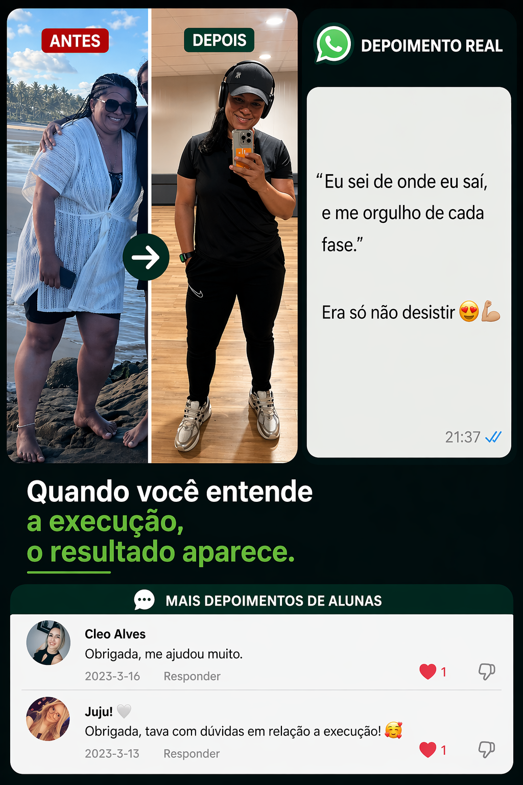 Resultado real — aluna antes e depois